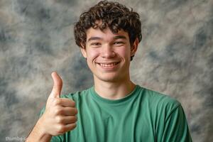 Smiling young Caucasian male giving a thumbs up with a cheerful expression against a blurred, textured backdrop. photo
