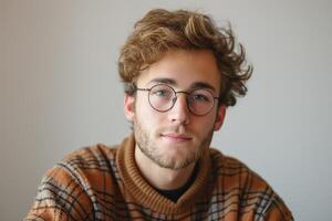 A young Caucasian male with glasses, dressed in a stylish sweater, exuding a calm and contemplative mood. photo