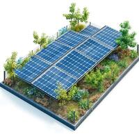 A vibrant solar panel installation surrounded by lush greenery and flowering plants, showcasing sustainable energy solutions. photo