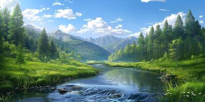 A serene landscape showcasing lush greenery, a flowing river, and majestic mountains under a bright blue sky. photo