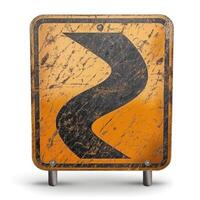 Weathered warning sign indicating a sharp curve ahead, showcasing an orange background with a black zigzag symbol. photo