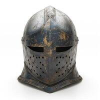 A weathered medieval knight's helmet showcasing intricate details and a patina finish. photo