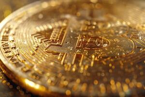 Close-up view of a shiny gold Bitcoin, showcasing intricate details and a luxurious texture. photo