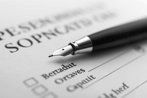 A close-up of a sleek fountain pen resting on a form, symbolizing documentation and professionalism. photo
