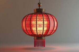 Elegant red lantern illuminated, showcasing intricate design and vibrant color, creating a warm ambiance. photo