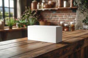 A simple white box placed on a rustic wooden countertop with a cozy kitchen background. photo