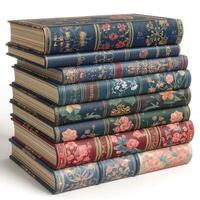A beautifully arranged stack of vintage floral-patterned books showcasing intricate designs in deep colors. photo