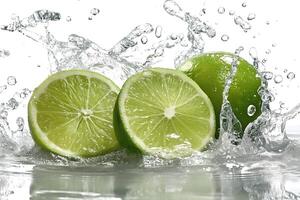 Fresh green limes with water splashes, showcasing vibrant colors and freshness. photo