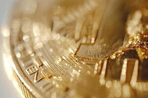 Close-up of a shiny gold cryptocurrency coin, showcasing intricate details and reflecting light beautifully. photo