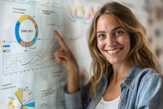 A young Caucasian woman smiling and pointing at a colorful data chart on a wall. photo