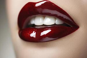 Close-up view of a woman's lips with vibrant red glossy lipstick, highlighting their beauty and allure. photo