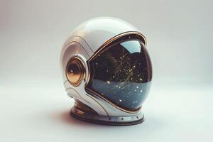 Futuristic astronaut helmet displaying a galaxy view, featuring a sleek design and golden accents. photo