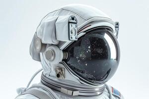 Close-up of an astronaut helmet reflecting a starry night, showcasing the vastness of space in a futuristic design. photo
