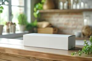 A minimalist, blank white box resting on a rustic wooden table with soft natural lighting. photo
