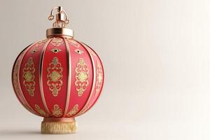 A vibrant red and gold decorative lantern, capturing traditional Asian artistry and elegance. photo