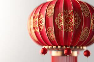 A close-up of a vibrant red Chinese lantern adorned with intricate gold patterns, evoking a festive atmosphere. photo