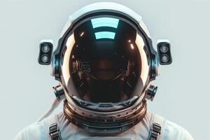 A detailed close-up of a futuristic astronaut helmet, featuring sleek lines and a reflective visor. photo