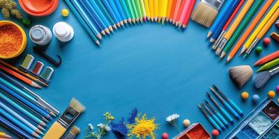A vibrant array of art supplies arranged around a blue background, ideal for creative inspiration. photo