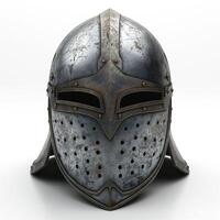 Close-up of a weathered, metallic medieval knight's helmet showcasing intricate details and an aged texture. photo
