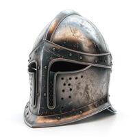 A detailed, weathered metal helmet showcasing intricate designs and textures, representing a classic warrior's armor. photo