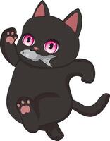 Thief Cat Running With Fish In Mouth, Cat Stealing Fish Illustration vector