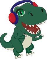 The Green Dinosaur Is Enjoying Music With A Headphone vector