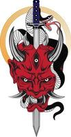 Japanese Oni Mask With Snake And Sword vector