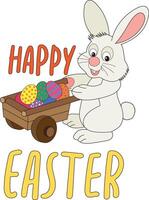 Happy Easter Cute Bunny Carrying A Wagon With Easter Eggs vector