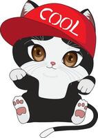 Cute Cat With Cool Red Hat Sitting On The Ground Chibi Character vector