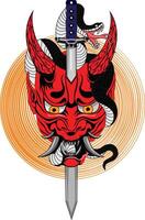Japanese Samurai Demon Oni Mask With Sword And Snake vector