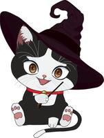 Cute Witch Cat With Hat Magic Stick Chibi Cat Character vector