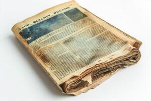 A vintage, worn newspaper with yellowed pages, showcasing historical text and faded images. photo