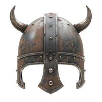 A detailed Viking helmet featuring prominent horns and rustic metal textures, evoking a sense of ancient warrior strength. photo