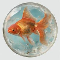 A vibrant orange goldfish gracefully swims in a crystal-clear round bowl, surrounded by delicate bubbles and shimmering water. photo