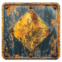 Weathered diamond-shaped warning sign showing signs of age and wear. photo
