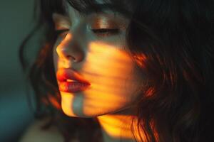A close-up of a young woman with wavy brown hair, bathed in warm sunset light, creating beautiful shadows on her face. photo