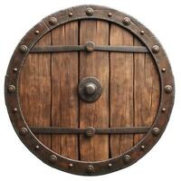 A rustic wooden shield with metal accents, showcasing craftsmanship and historical design. photo