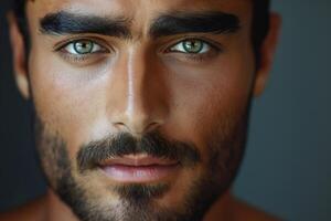 Close-up portrait of a young Middle Eastern man with striking green eyes and a well-defined beard, conveying confidence and charisma. photo