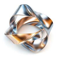 An abstract metal sculpture featuring twisting silver and gold ribbons, creating a dynamic and modern design. photo