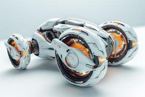 Futuristic white and orange robotic vehicle with sleek design and glowing wheels, symbolizing advanced technology. photo