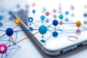 Close-up of a smartphone with abstract networking icons symbolizing connectivity and technology. photo