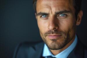 Close-up portrait of a handsome Caucasian man in a suit, showcasing intense blue eyes and a confident expression. photo