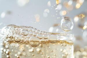 Close-up of sparkling bubbles in a glass of fizzy drink, creating an effervescent and refreshing mood. photo