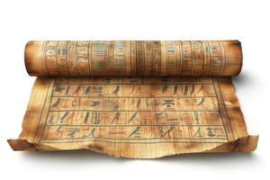 Ancient Egyptian papyrus scroll featuring intricate hieroglyphics and vibrant colors. photo
