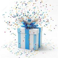 A festive blue and white present bursting with colorful confetti, symbolizing joy and celebration. photo