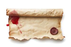 A vintage scroll with a red wax seal and ink stains, evoking a sense of mystery and historical significance. photo