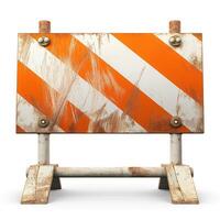 A weathered construction sign with orange and white diagonal stripes, showing signs of rust and wear, set against a plain background. photo