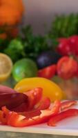 The chef sprinkles stuffed yellow and red peppers, paprika, and stuffed yellow peppers with grated cheese. Vegetables, vegetarian food, rich in vitamins, healthy eating concept. Macro video