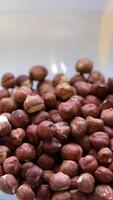 Hazelnuts. Macro shot of beam of sunlight passes over hazelnuts in shadow video
