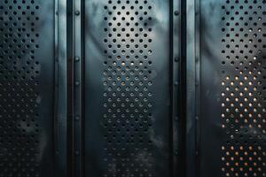 Close-up of a textured metal panel with perforations, showcasing a blend of industrial design and modern aesthetics. photo